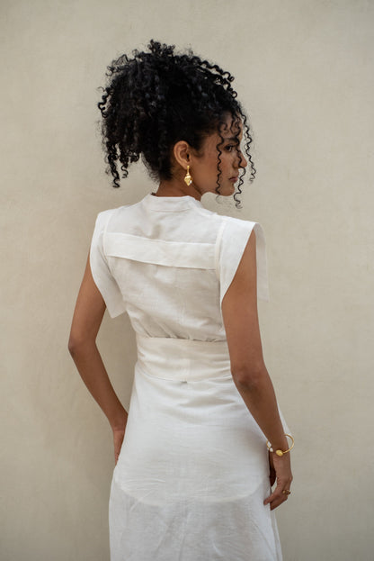 Ivory Linen Dress back shot image with model