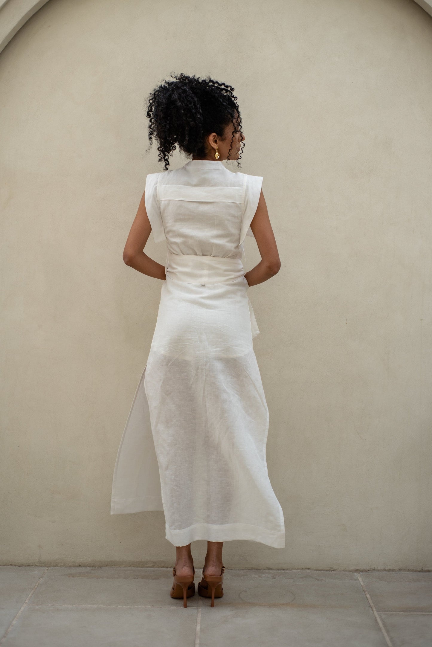 Ivory Linen Dress back shot image with model