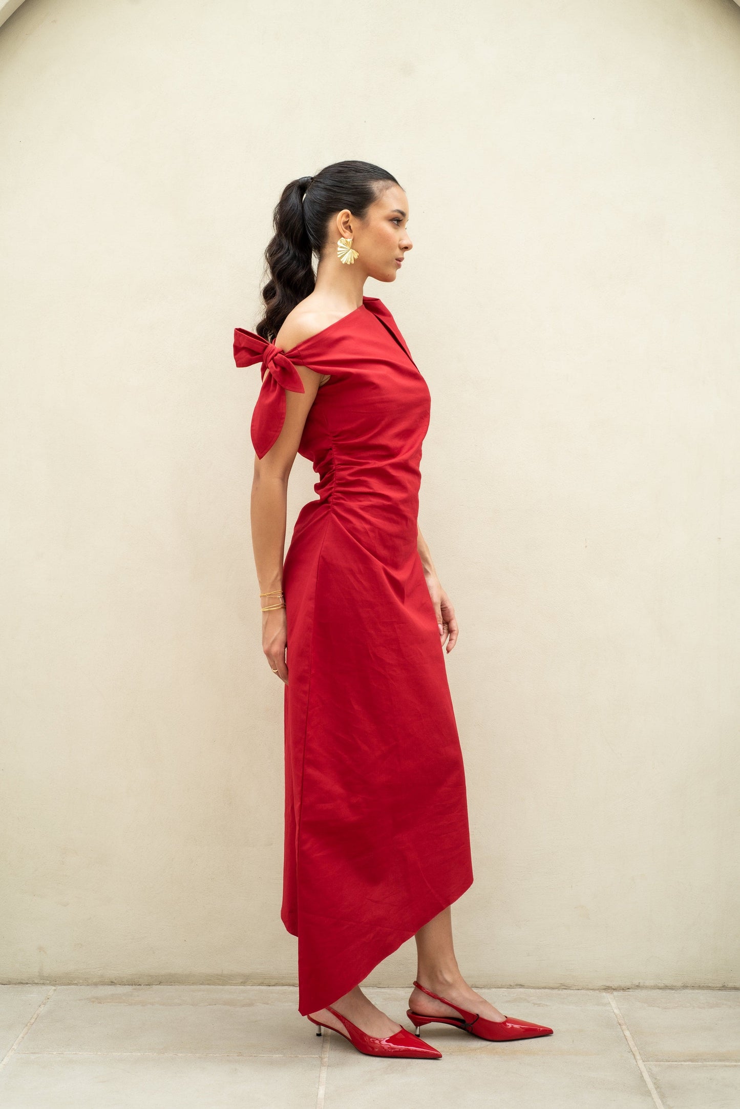 Cherry Tango Linen Dress side shot image with model