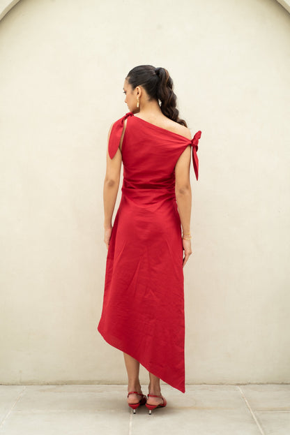 Cherry Tango Linen Dress back shot image with model