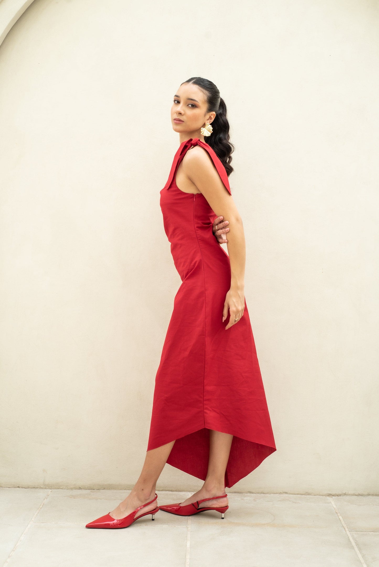 Cherry Tango Linen Dress side shot image with model