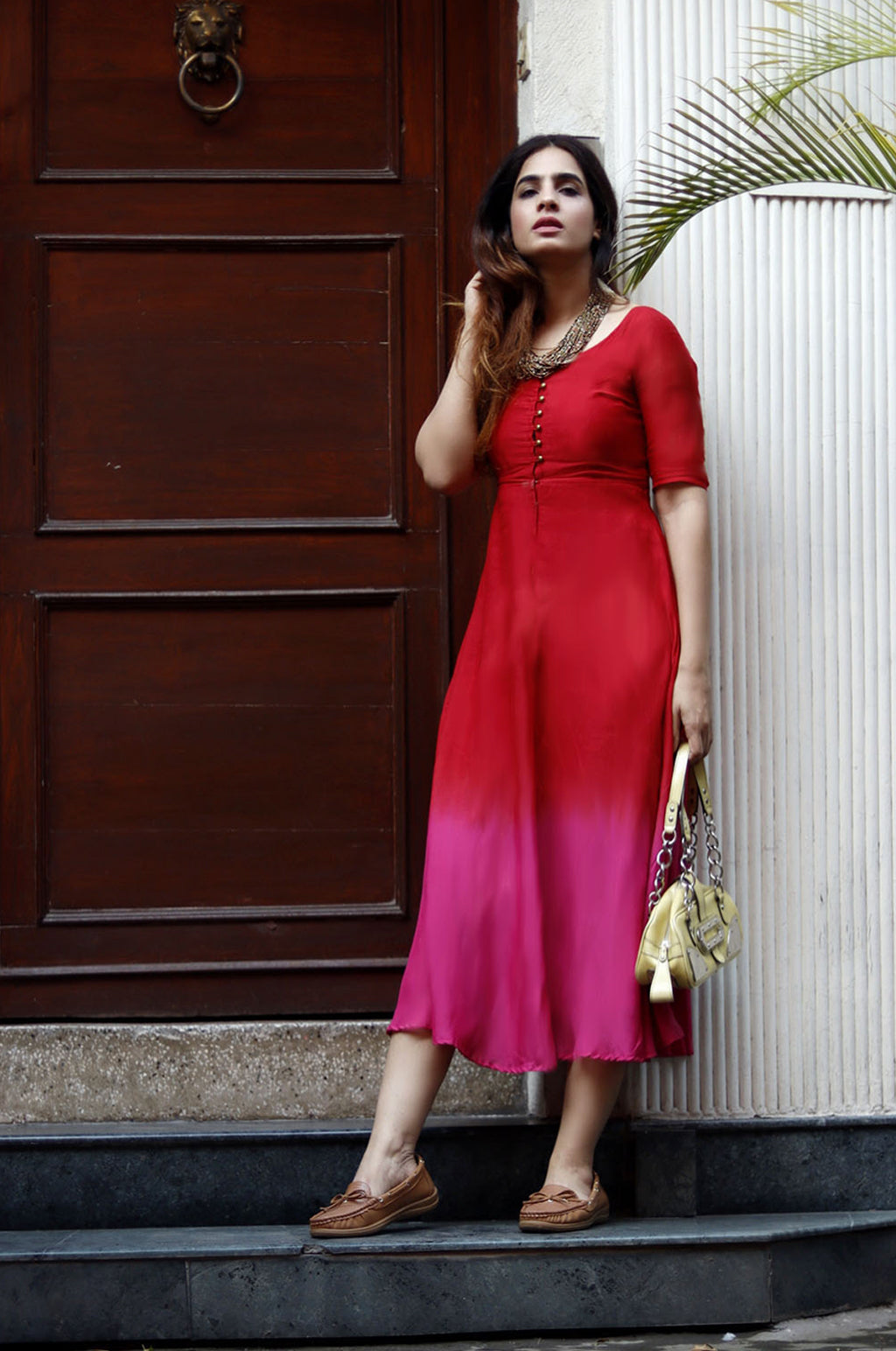 Red & Pink Fit-Flared Dress