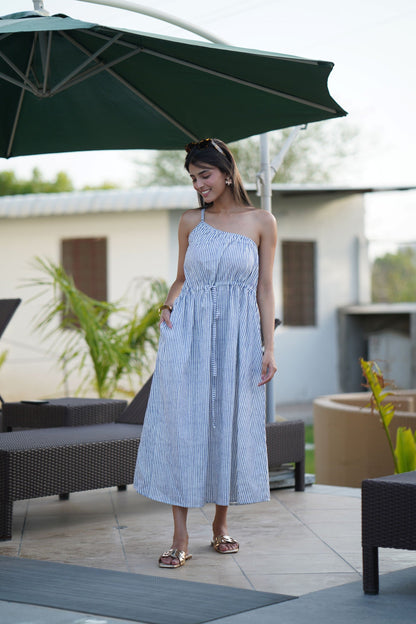 Handblock Stripe One Shoulder Dress