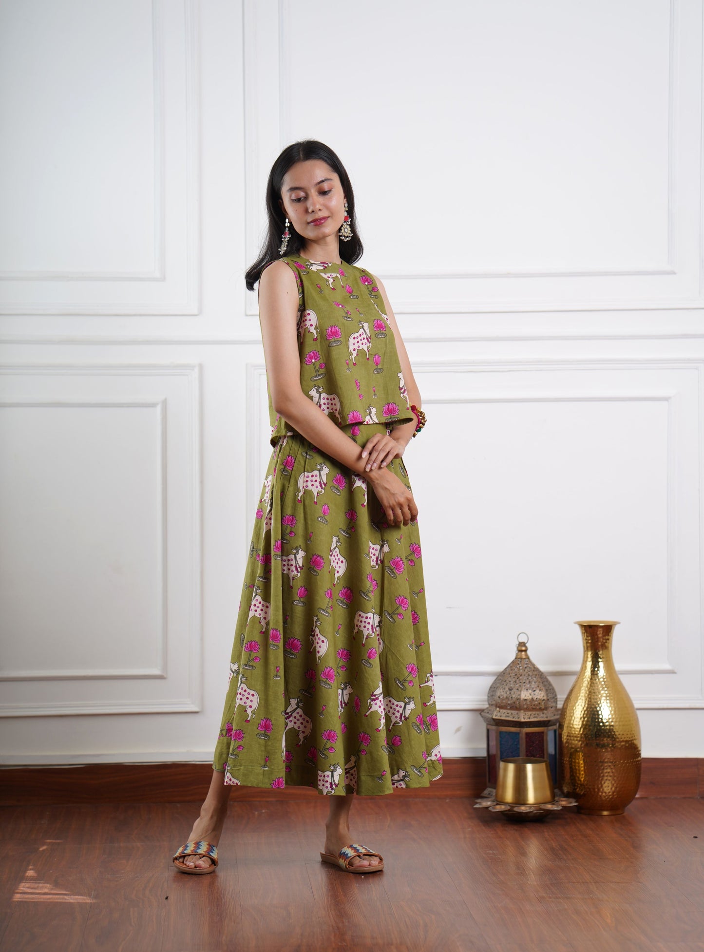 Pichwai Olive Green Skirt Set