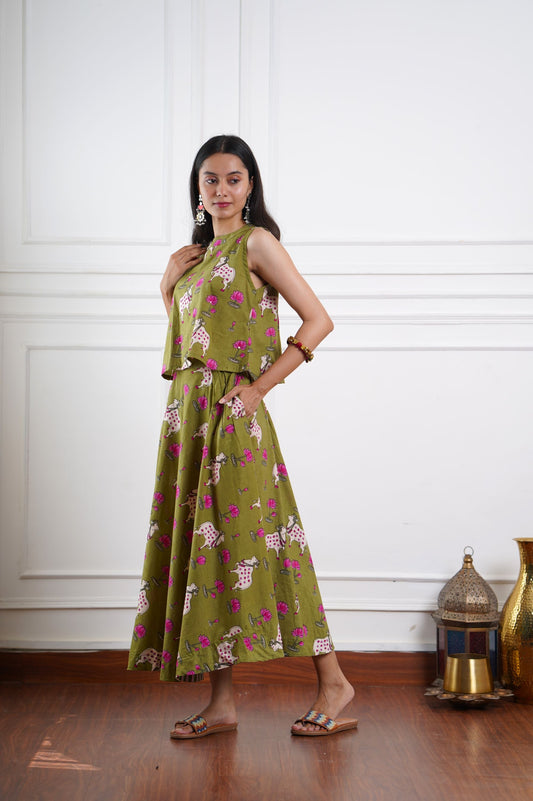 Pichwai Olive Green Skirt Set