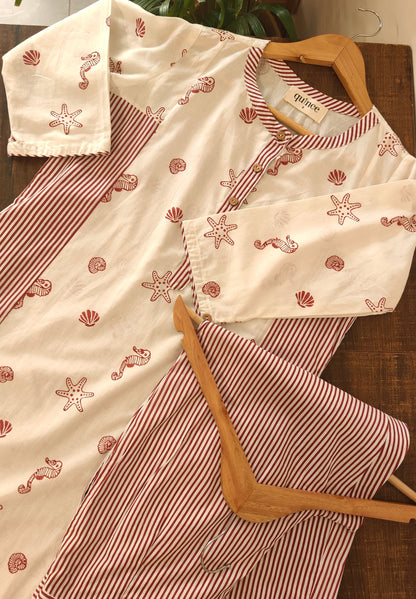 Sea Treasure and Stripe Hand Block Printed Kurta Set (Set of 2)