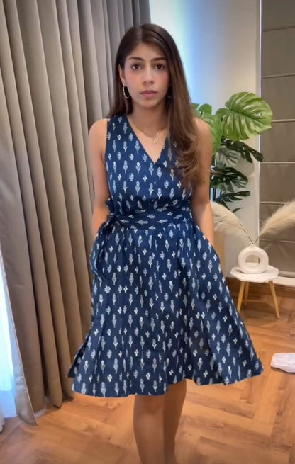 Ikat Indigo Flared Dress (With matching belt)