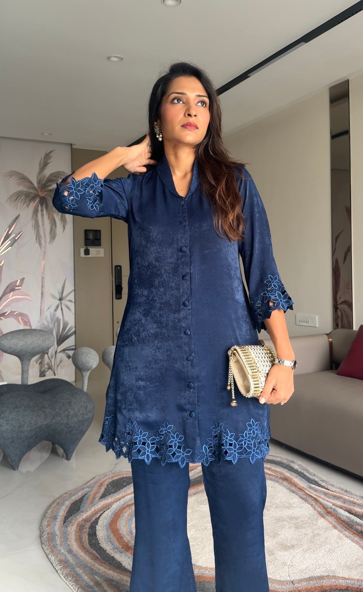 GUNJAN LADHA IN NAVY CUT WORK TUNIC AND BOTTOM SET