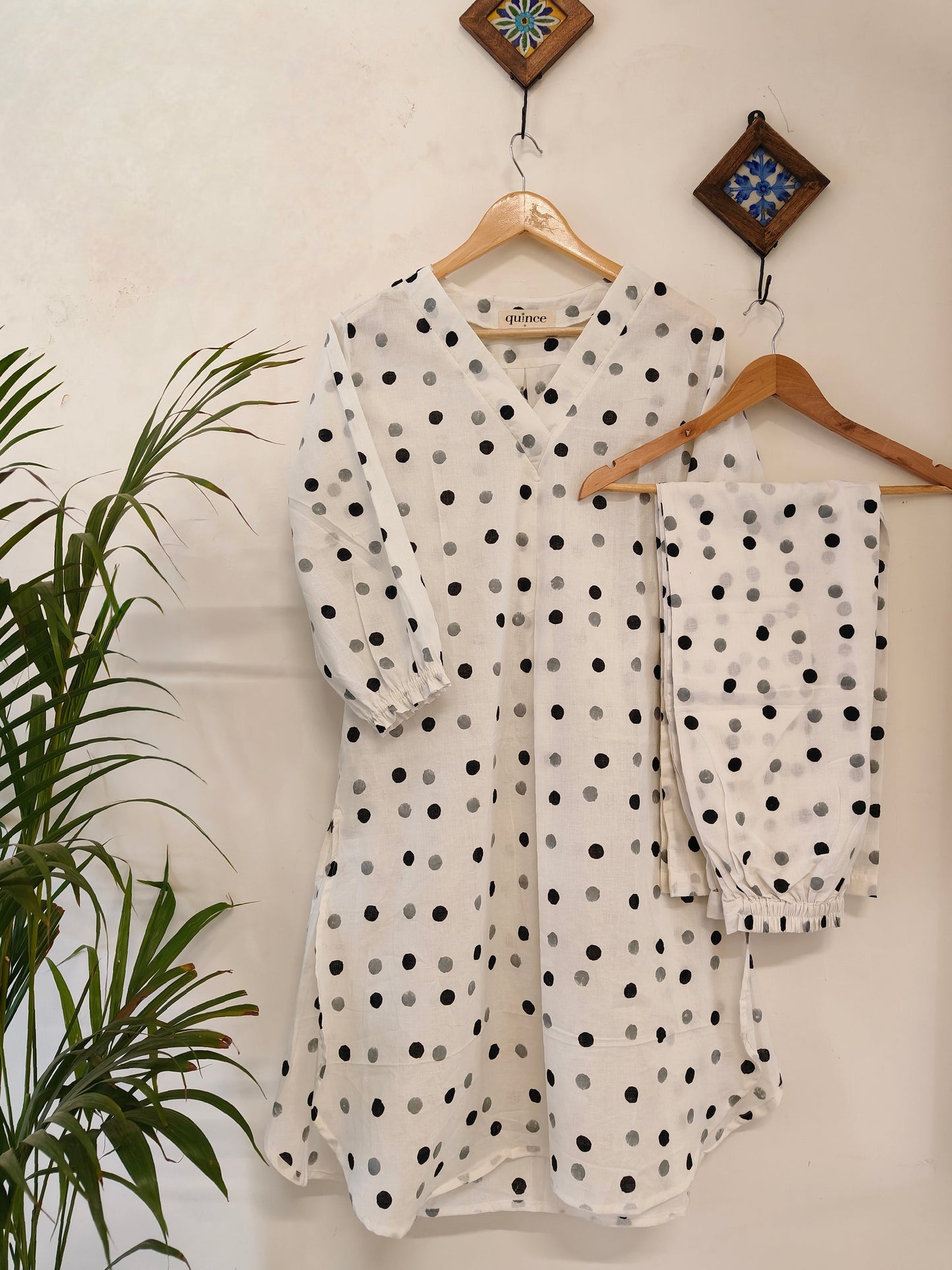 White Classic Polka Mulmul Kurta Set (Set of 2)