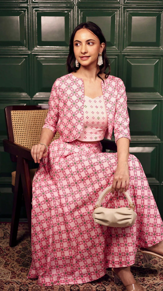 Aurora Blush Pink Skirt Set with Jacket (Set of 3)