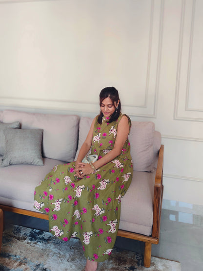 Pichwai Olive Green Skirt Set