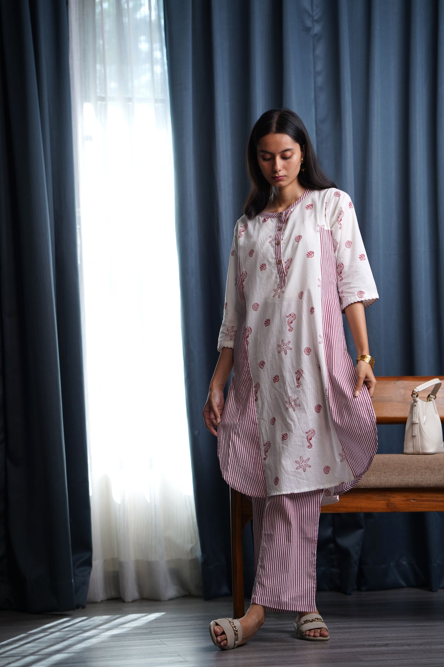 Sea Treasure and Stripe Hand Block Printed Kurta Set (Set of 2)