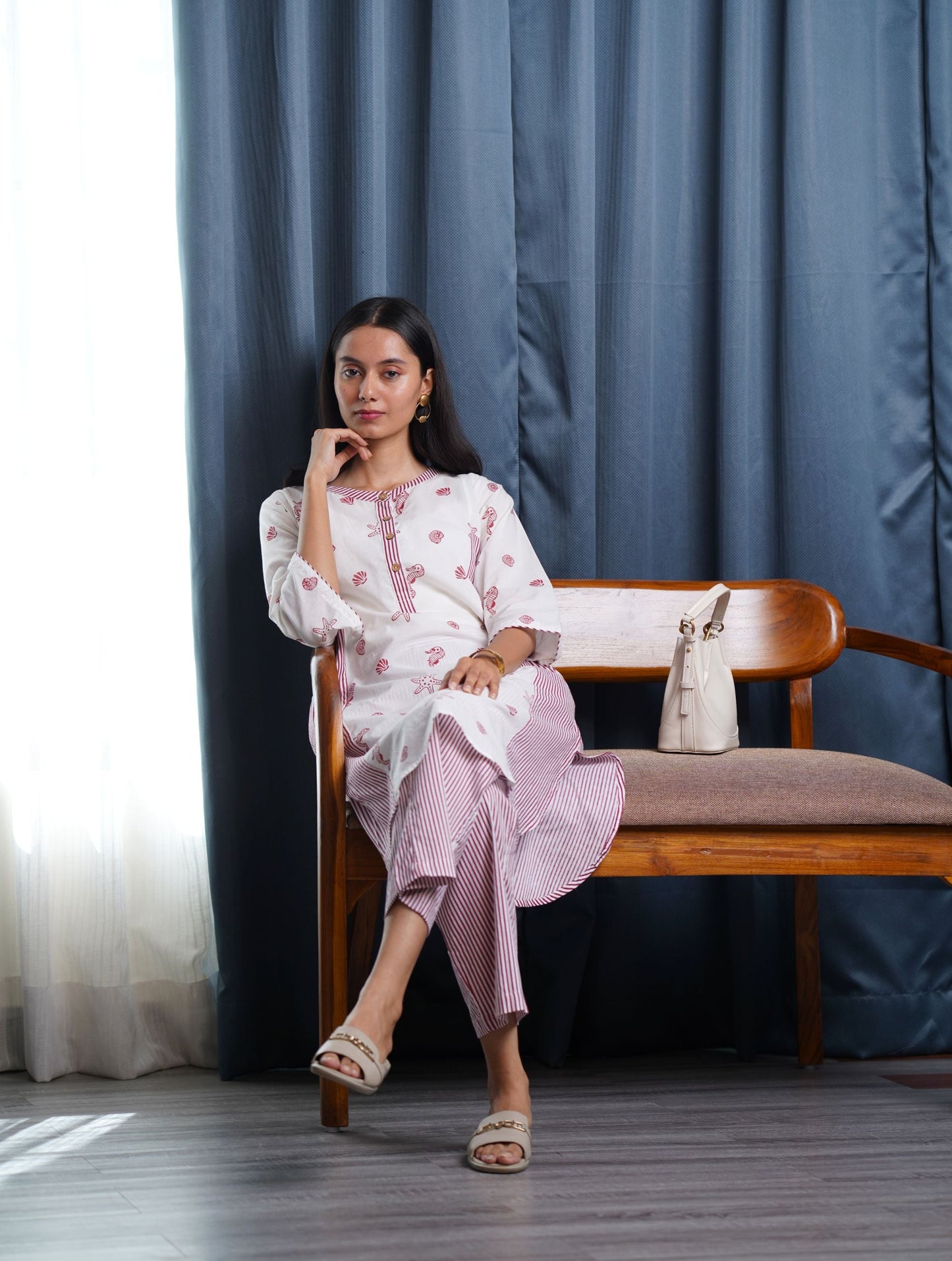 Sea Treasure and Stripe Hand Block Printed Kurta Set (Set of 2)