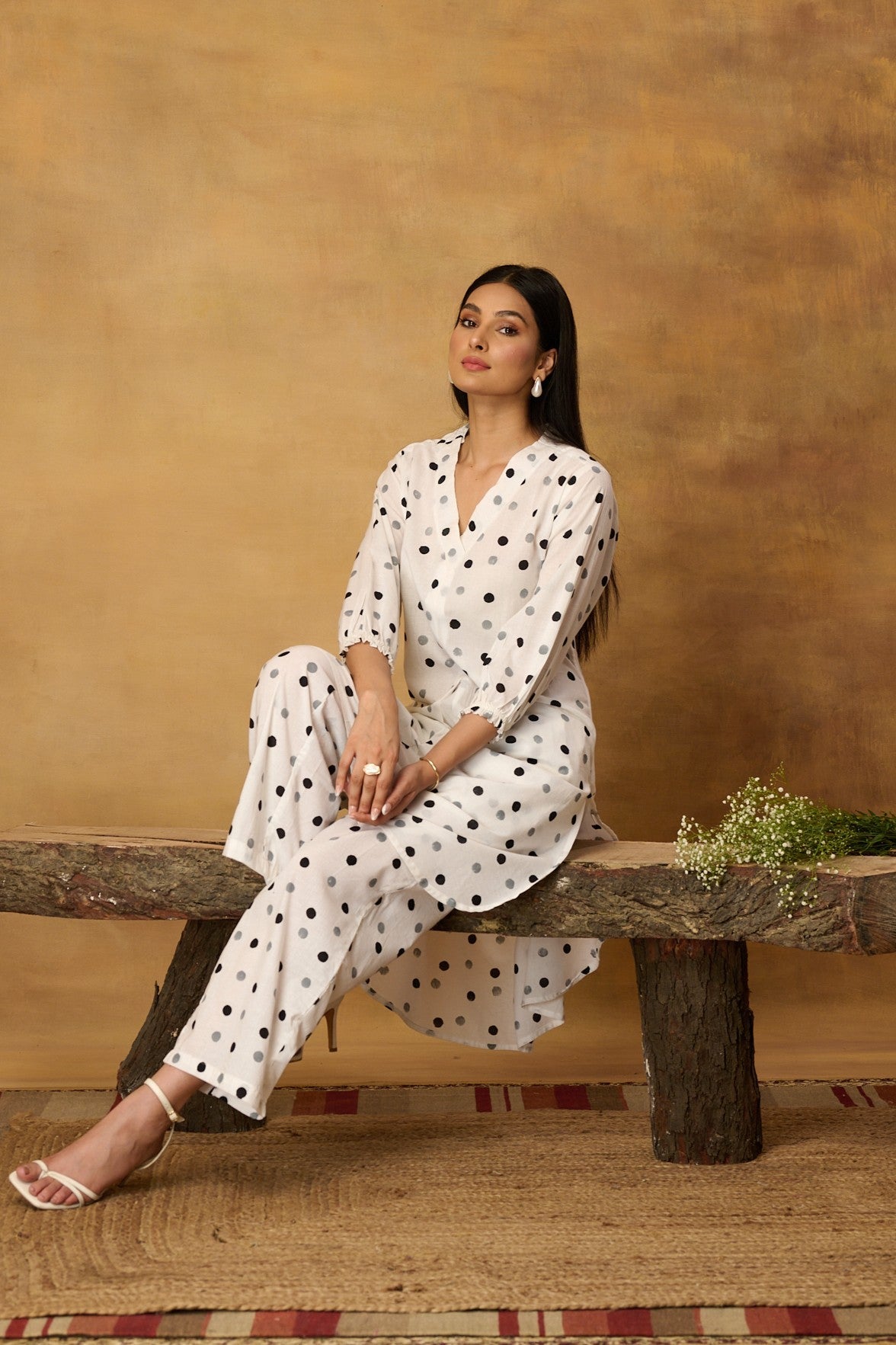 White Classic Polka Mulmul Kurta Set (Set of 2)