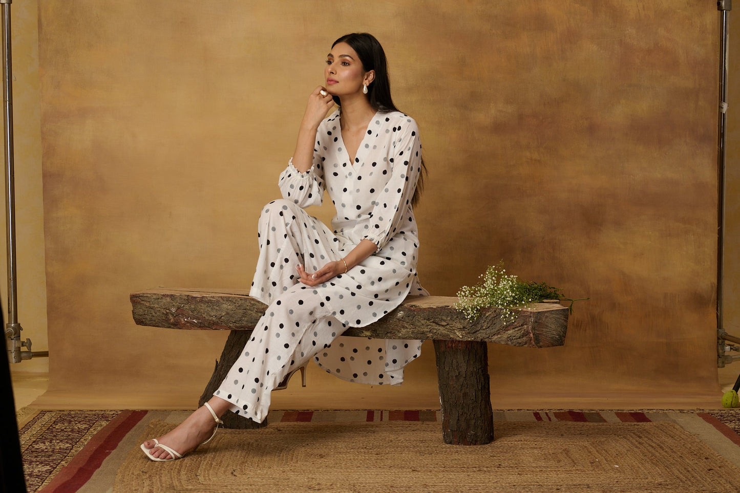 White Classic Polka Mulmul Kurta Set (Set of 2)