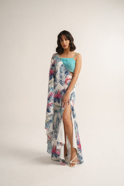 White Crepe Silk Print Tropical Blouse Square Neck Kaftan