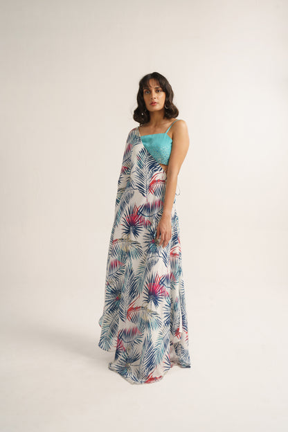 White Crepe Silk Print Tropical Blouse Square Neck Kaftan