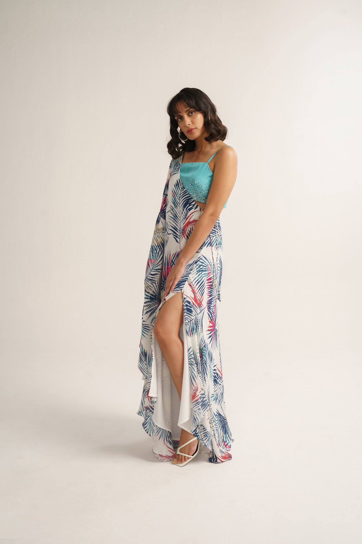 White Crepe Silk Print Tropical Blouse Square Neck Kaftan