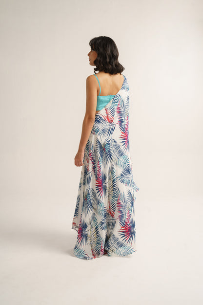 White Crepe Silk Print Tropical Blouse Square Neck Kaftan