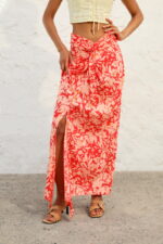 Skirt, Red Skrit, Printed Skirt, Beach Skirt, Front Knot, Slit Skirt